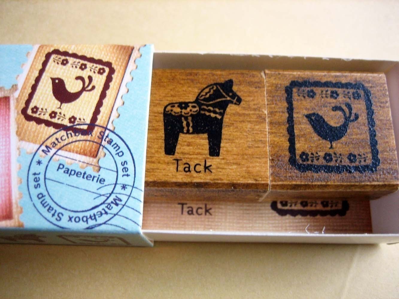 japanese rubber stamp set-2 stamps in a matchbox, sweden theme
