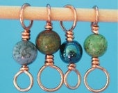 PEACOCK - Beaded Copper Stitch Markers - Set of 4 Dual Duty - US4 US8