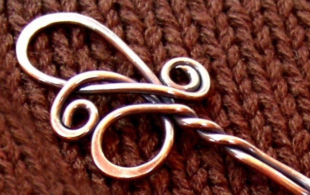 Elegant Copper Twist Shawl Pin - Hand and Heat Forged