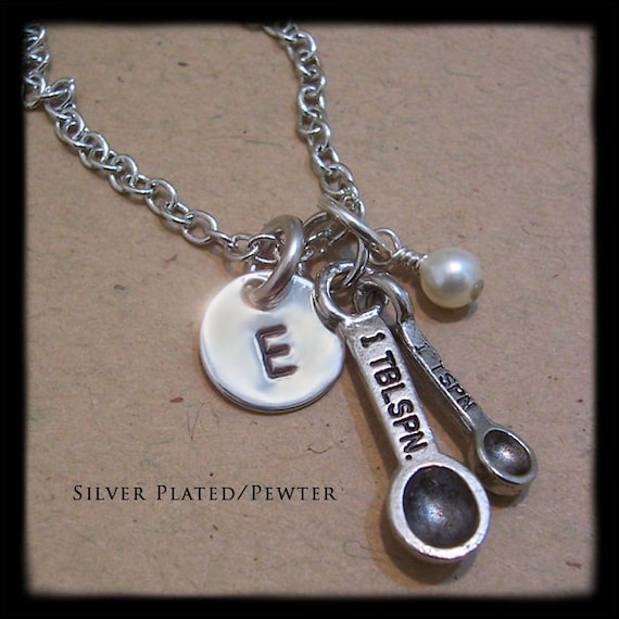 Personalized Necklace - Hand Stamped Jewelry - Measuring Spoon Bakers Charm Necklace - Personalized Initial Disc - Pewter, Silver Plated