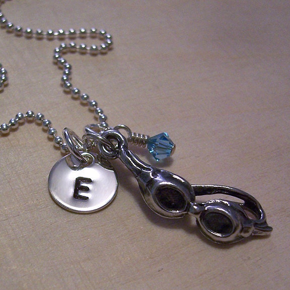 Personalized Necklace - Swim Goggles Charm Necklace - Swim Team Necklace - Hand Stamped Necklace - Sterling Silver - Personalized Jewelry