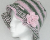 Green and Pink Striped Cotton Knit Sun Hat with Flower