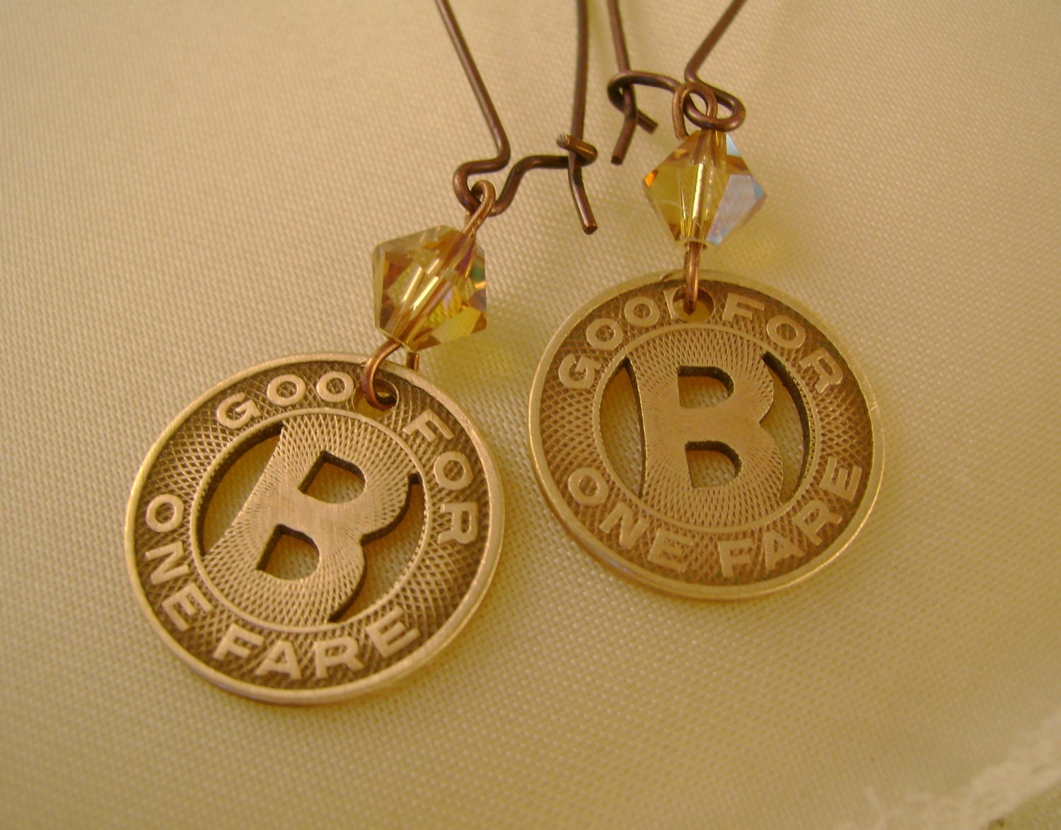 B is for Best - Vintage Authentic Letter B Transit Tokens and Crystals Repurposed Earrings
