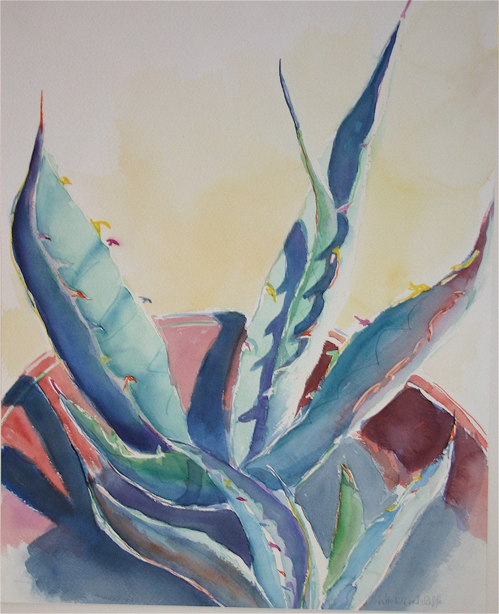 Original watercolor painting turquoise green yellow CENTURY PLANT 2 painting cactus nature Southwestern