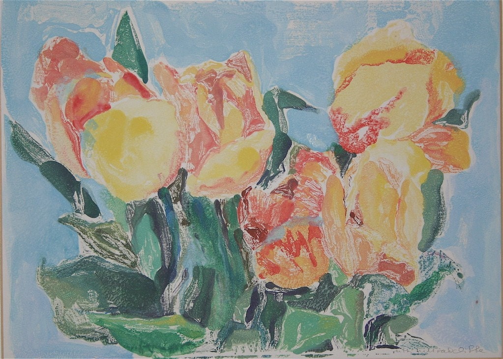 ORIGINAL yellow orange greens eggshell aqua  monoprint water media  tulips flowers floral nature    BLOOMING AGAIN  one of a kind