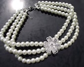 Triple Strand Pearl Choker Necklace, Bridal Silver Flower & Pearl Necklace