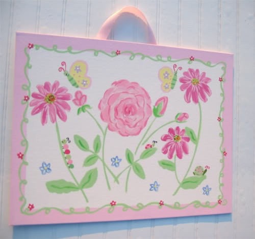Pink Rose Spring Meadow Butterfly Garden Nursery Art Painting - 16 x 20