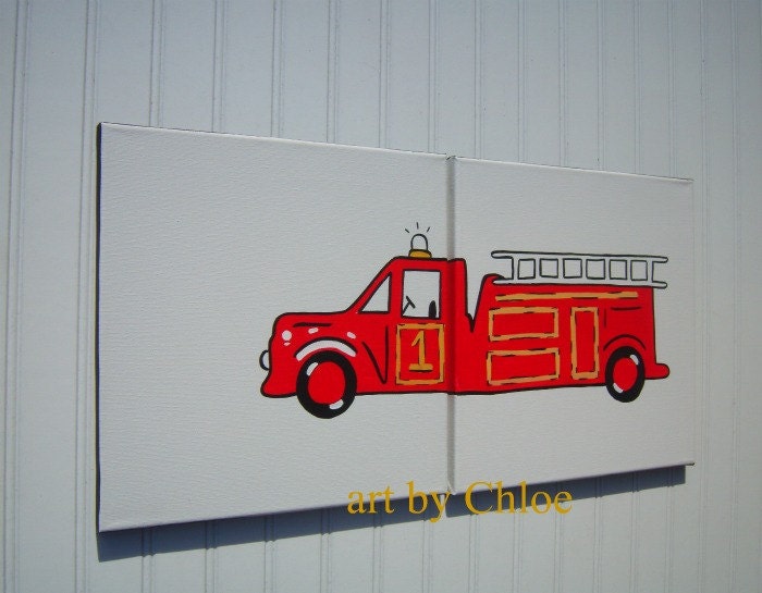 Kids Jake Vintage Firetruck FIre Truck Painting - Kids Art - Two Piece 12 x 12 set