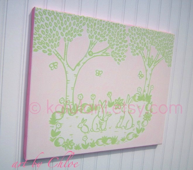 Toile Bunny Rabbit Family Nursery Canvas Art - Preppy Pink and Green