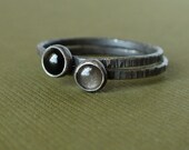 Silvery Black Set of Tiny Stacking Rings - Gemstone Stackers Black Onyx - Silver Obsidian Stones - Dainty Rustic Sterling Silver Rings