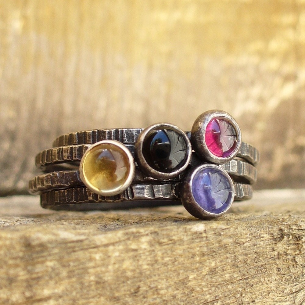 Candy Drops - Gemstone Stacking Set of 4 rings - Rustic - Blackened - Textured Dainty Bands - Citrine Black Onyx Garnet Iolite