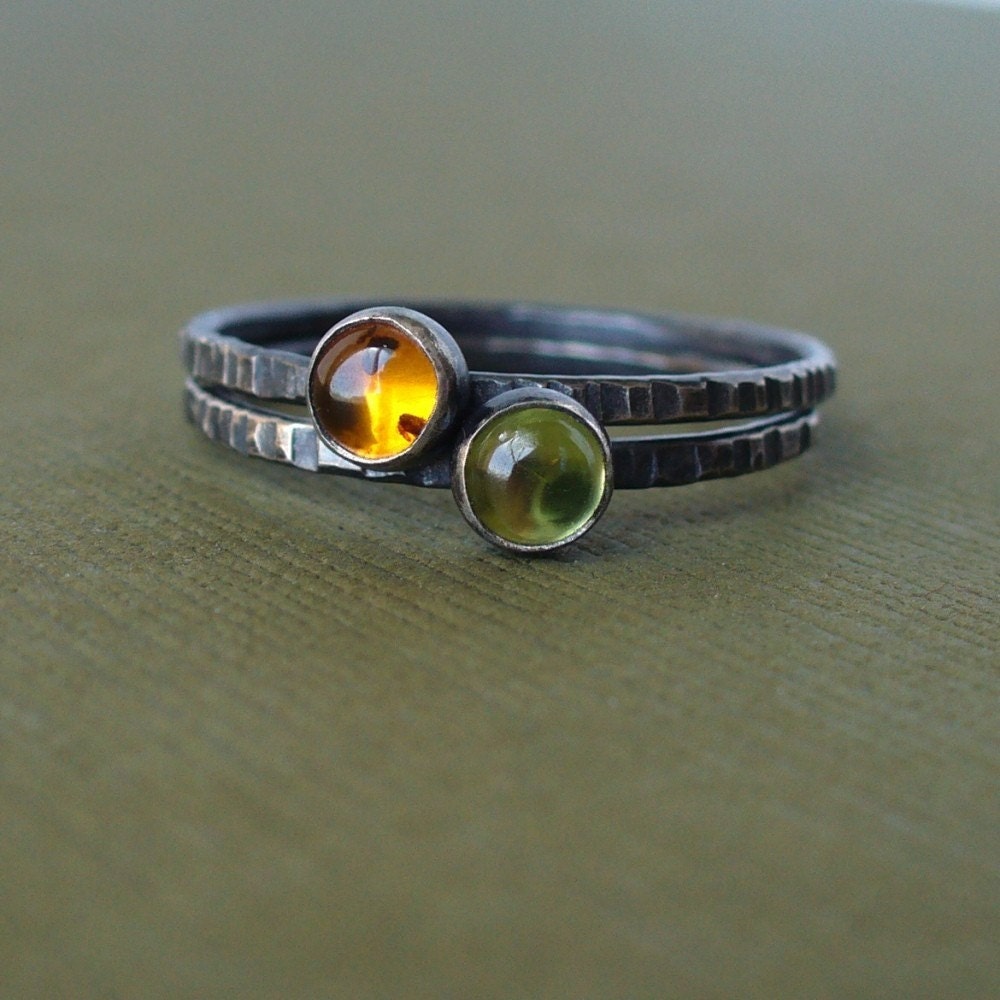 Apples and Honey Tiny Stacking Set - Dainty Sterling Silver Bands - Rustic Finish - Amber and Peridot