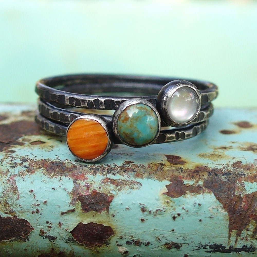 Tres Stacking Rings... Turquoise - Spiny Oyster - Mother of Pearl