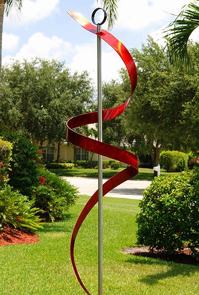 Contemporary Red Modern Art Metal Abstract Garden Sculpture / Ribbon Dancer Garden By Jon Allen