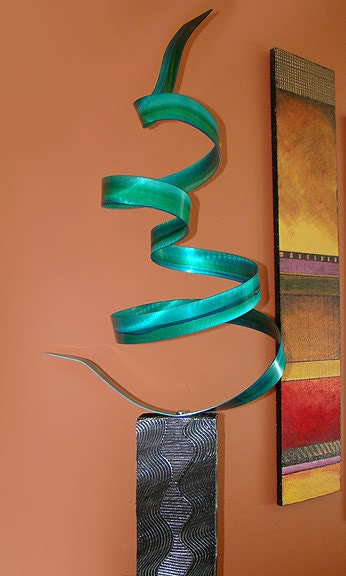 Freestanding Modern Metal Abstract Outdoor Sculpture / Aqua Ocean Wisp Twist Garden Art By Jon Allen