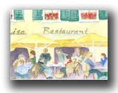 ACEO watercolor LUNCH crowd original painting