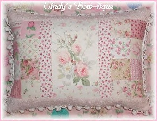 Pink Sage Pillow Cottage Shabby Roses Handmade in USA Chenille Green White
