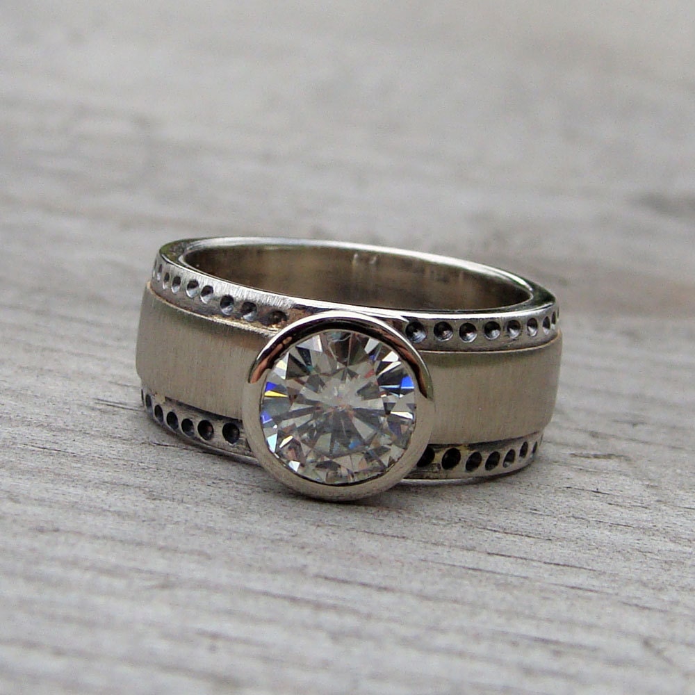 Moissanite, Recycled Palladium Sterling Silver (Oxidized), and Recycled 14k White Gold Ring, Made to Order
