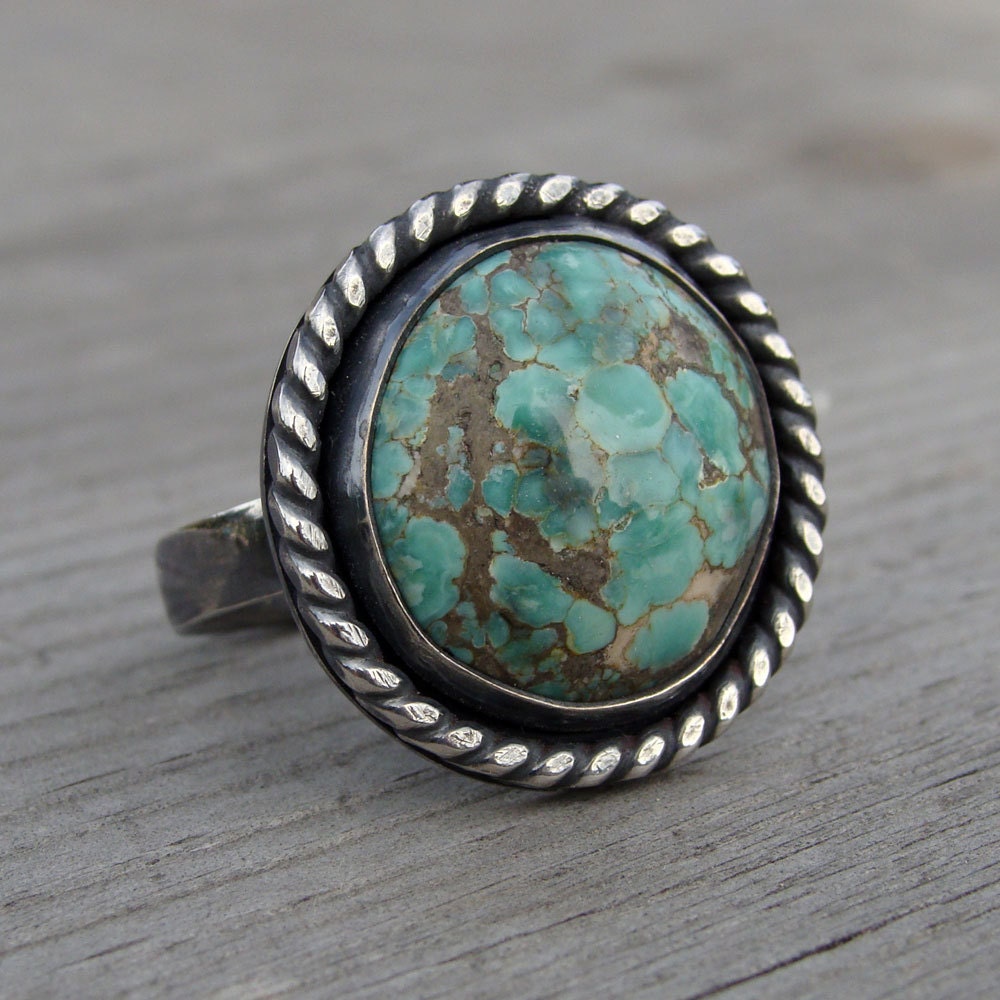 Chunky Nevada Variscite and Recycled Sterling Silver Ring, size 8