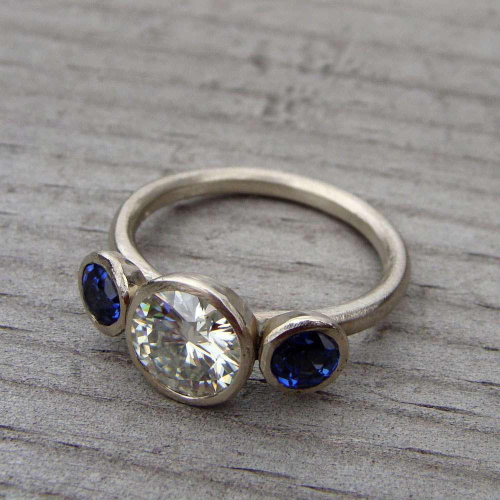 Moissanite, Chatham Blue Sapphire, and Recycled 14k White Gold Three-Stone Wedding or Engagement Ring - Eco-Friendly Diamond Alternative