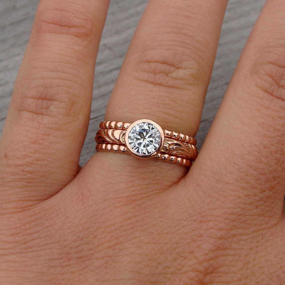 Moissanite and Recycled 14k Rose Gold Stacked Engagment Ring and Wedding Band Set - Diamond Alternative - Made to Order