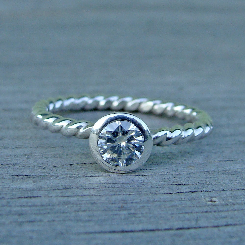 Moissanite and Recycled Sterling Silver Braided Ring - Affordable Diamond Alternative Engagement Ring - Made To Order