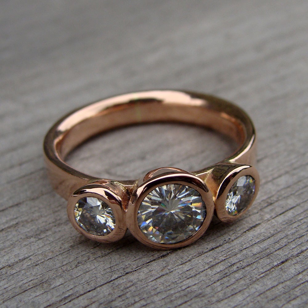 Moissanite and Recycled 14k Rose Gold Three-Stone Wedding or Engagement Ring, Made To Order
