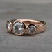 Moissanite and Recycled 14k Rose Gold Three-Stone Wedding or Engagement Ring, Made To Order