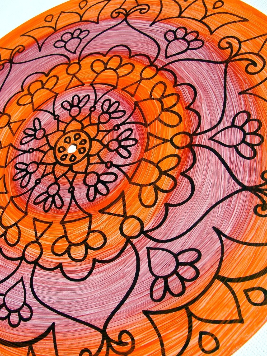 Sunset Turntable Art. Geometric Mandala Painting on Vinyl Record. Orange and Purple Bohemian Decor
