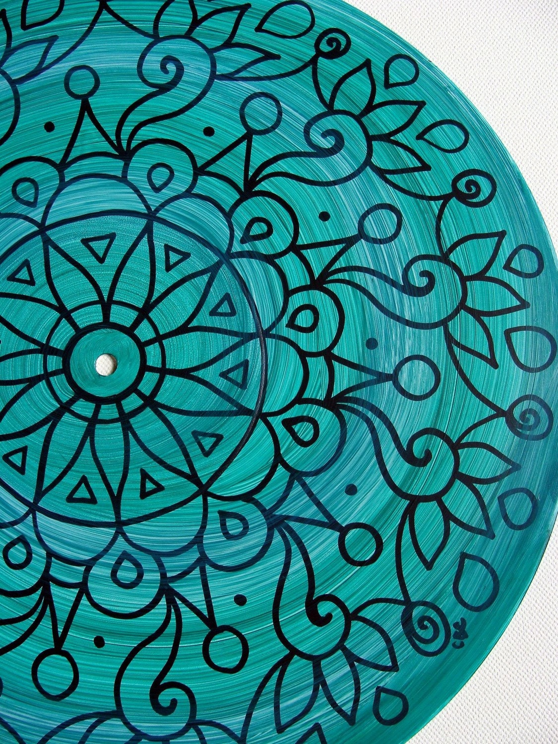 Dark Turquoise Turntable Art - Original Mandala Painting on Vinyl Record in Turquoise/Teal/Aqua  - Tribal Inspired Sacred Geometry