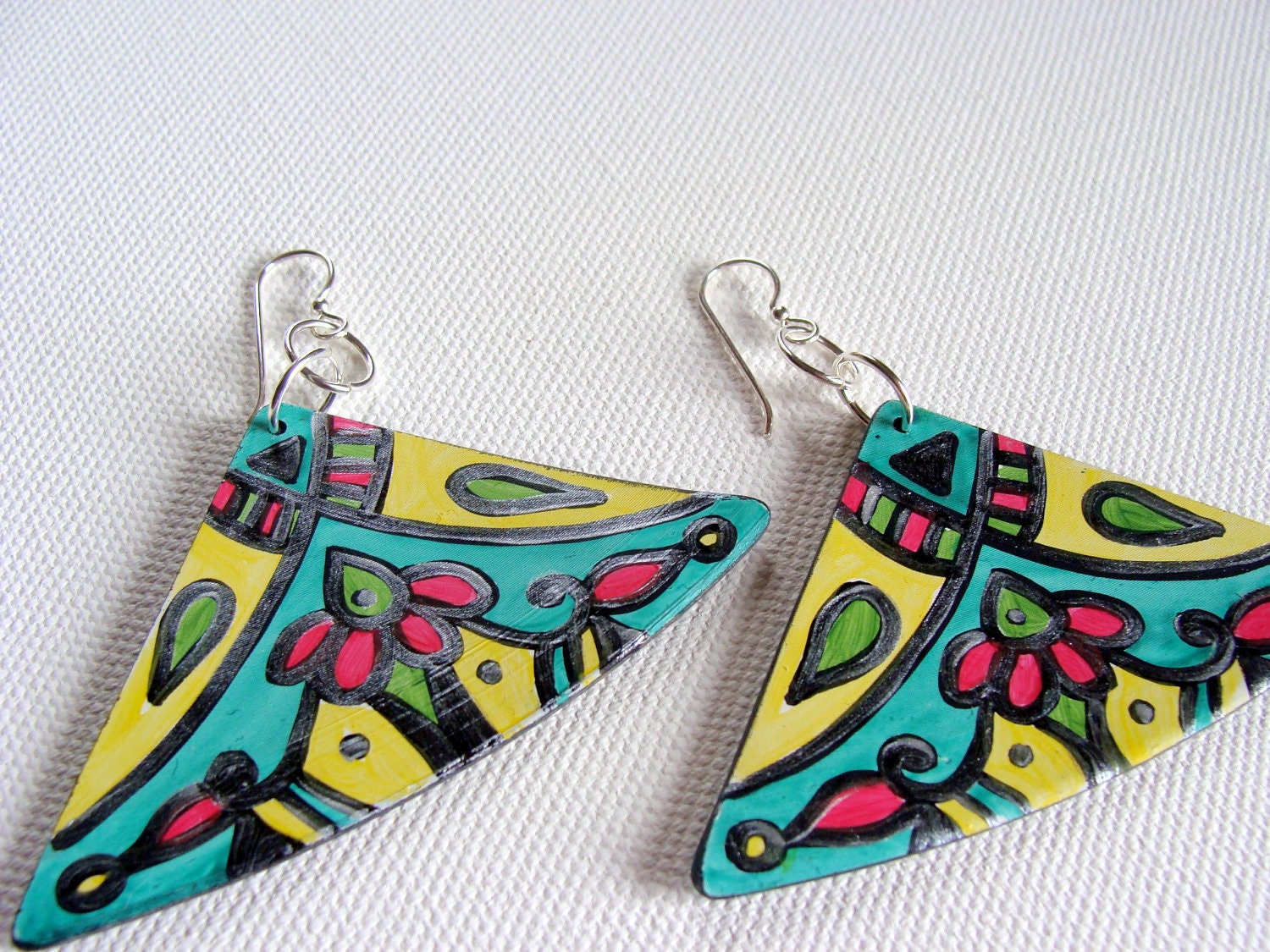 Bohemian Painted Earrings in Geometric Yellow Pink and Teal Made From Recycled Records