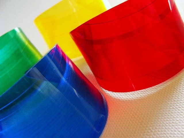 4 Vinyl Record Cuffs. Red Yellow Blue Green Color Block Bracelets