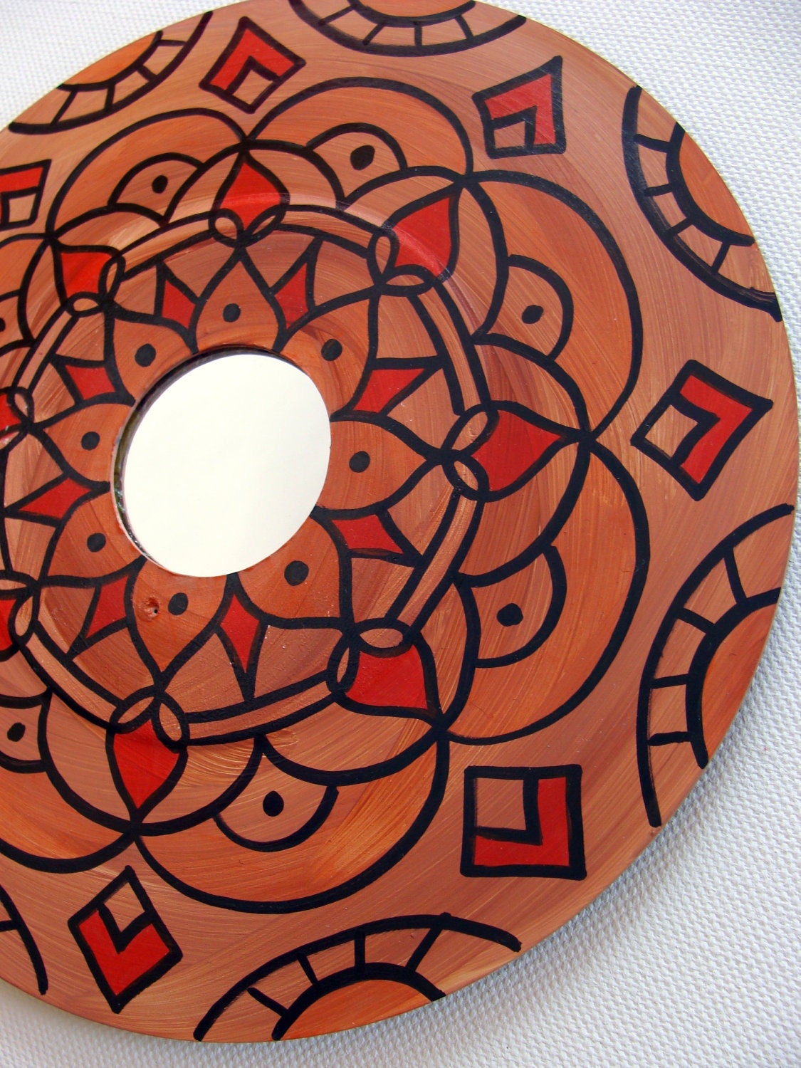 Terra Cotta Feng Shui Mirror - Hand Painted Geometric Mandala Made From 45 rpm Recycled Vinyl Record
