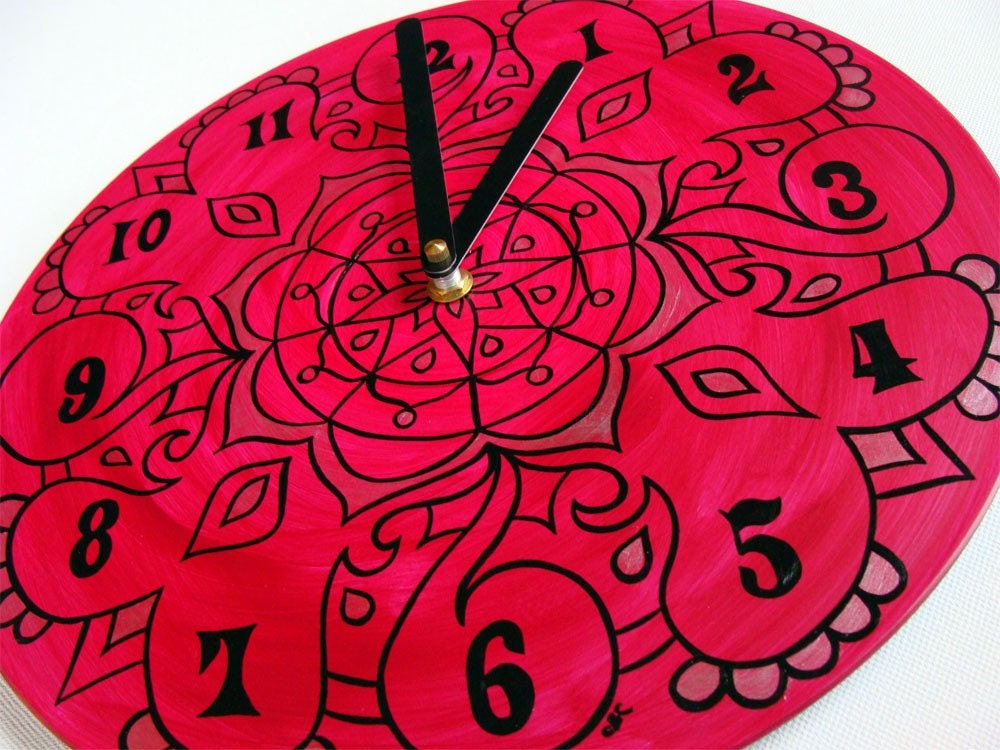 Fuchsia Red Mandala Record Clock - Geometric Design
