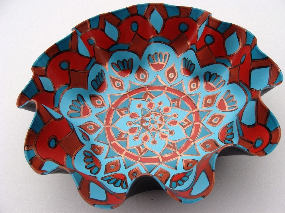 Hawaiian Wedding Mandala Record Bowl - Tribal Inspired Geometric Mandala in Turquoise / Teal / Aqua and Brown