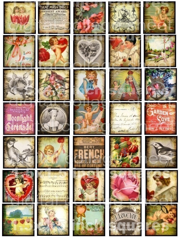 digital collage sheet valentines day vintage images printable instant download altered art hearts love s06