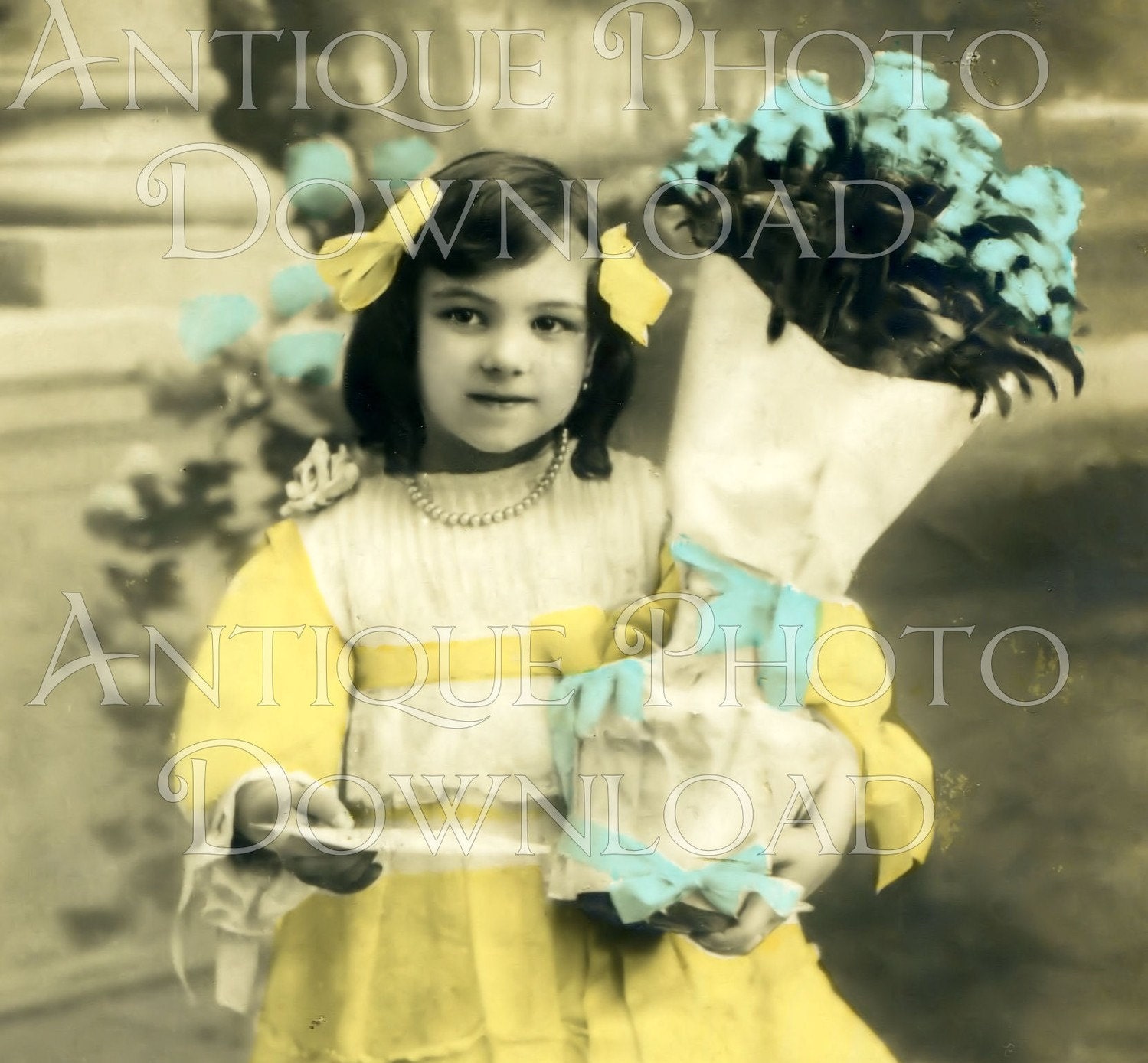 SWeeT LiTTLe GiRL holding bouquet of flowers child digital download scan antique image sheet collage paper craft supplies no.7