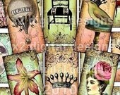 DIGITAL COLLAGE SHEET for dominos printable vintage images WHiMSiCaL 1 x 2 inch CRoWNeD BiRDs MooN CaT HoT AiR BaLLooN s21