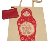 It's What's Inside That Counts Handscreened Cotton Tote with leather purse in red