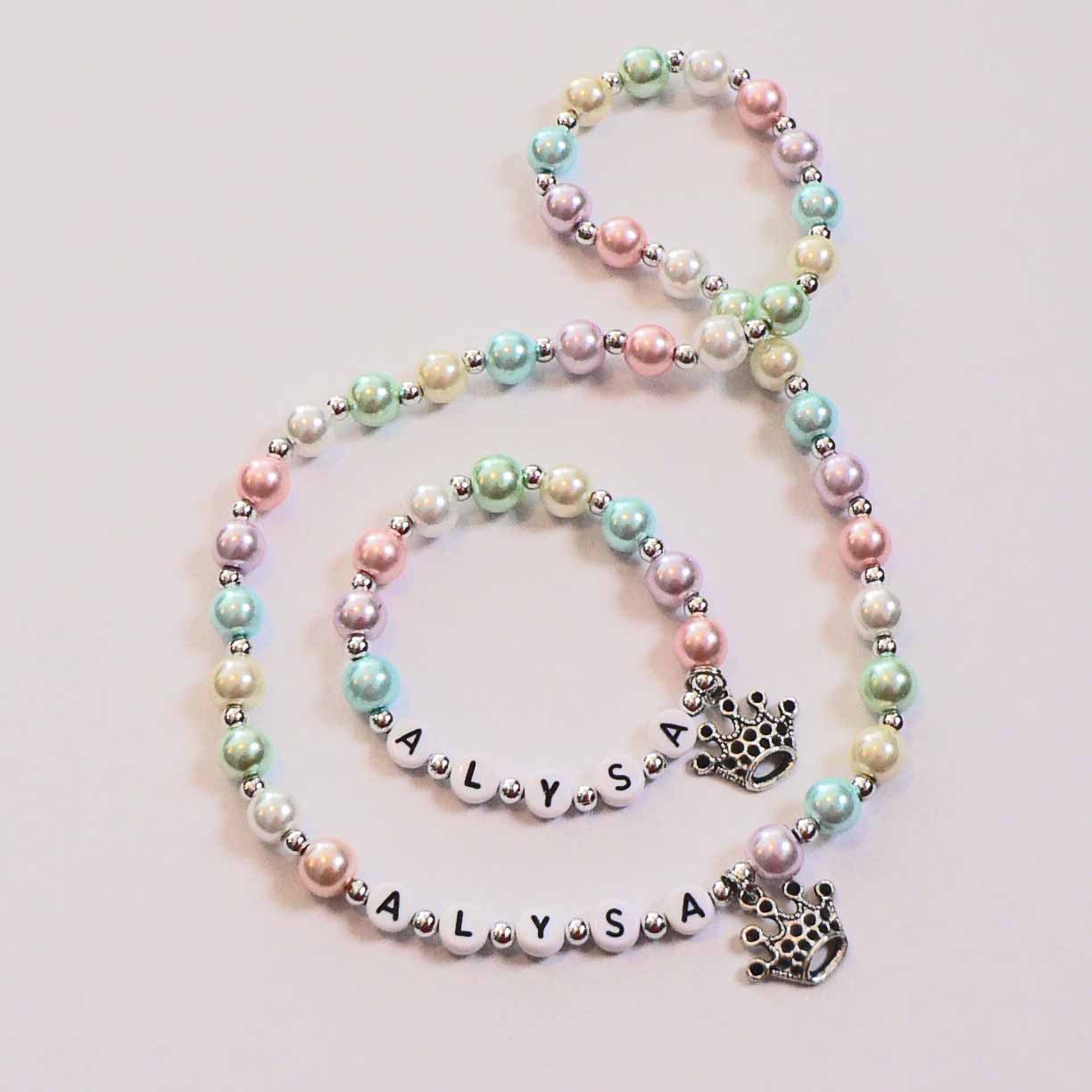 Pearl Jewelry for Girls Pastel Pearl Personalized Name Necklace & Bracelet Set Jewelry for little girls YOU CHOOSE the pearl color and charm