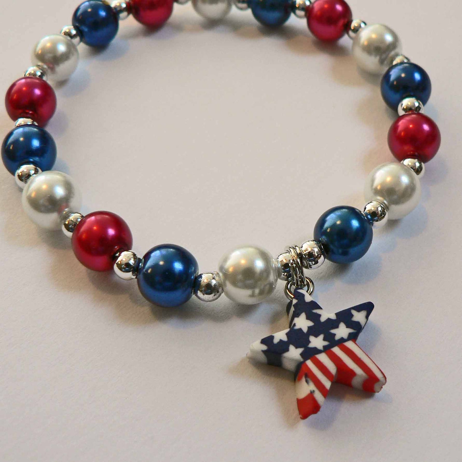 Patriotic Personalized Pearl Name Bracelet Red White n Blue Star Charm Memorial Day 4th of July Election Year