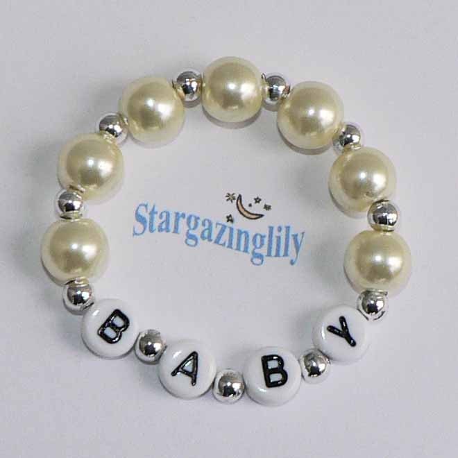 Newborn Keepsake Personalized Name Bracelet Pink Pearl Children's Infant Baby or Toddler Child Kids Glass Faux Pearl Stocking Stuffer