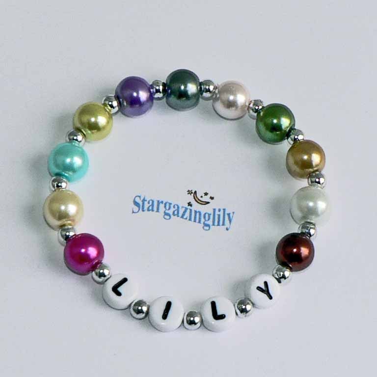 Newborn Keepsake Personalized Name Bracelet Pink Pearl Children's Infant Baby or Toddler Child Kids Glass Faux Pearl Stocking Stuffer