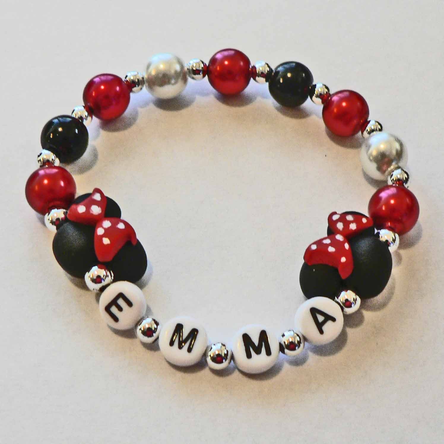 Minnie Mouse Jewelry Bracelet Hypoallergenic Personalized Name Bracelet Children Toddler Kids mini mouse ears Red Black Polka Dots