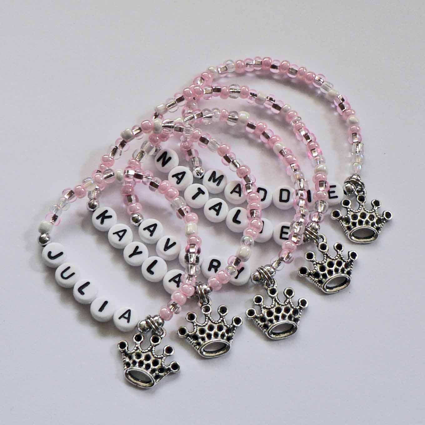 Personalized Princess Party Favors for kids Name bracelet Pink with crown or tiara charm