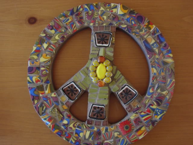 Peace Sign Trippy Green Mosaic Wall Hanging Art PLaque
