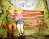 Perfect Pieces 8x10 print boy and girl in love on park bench with heart