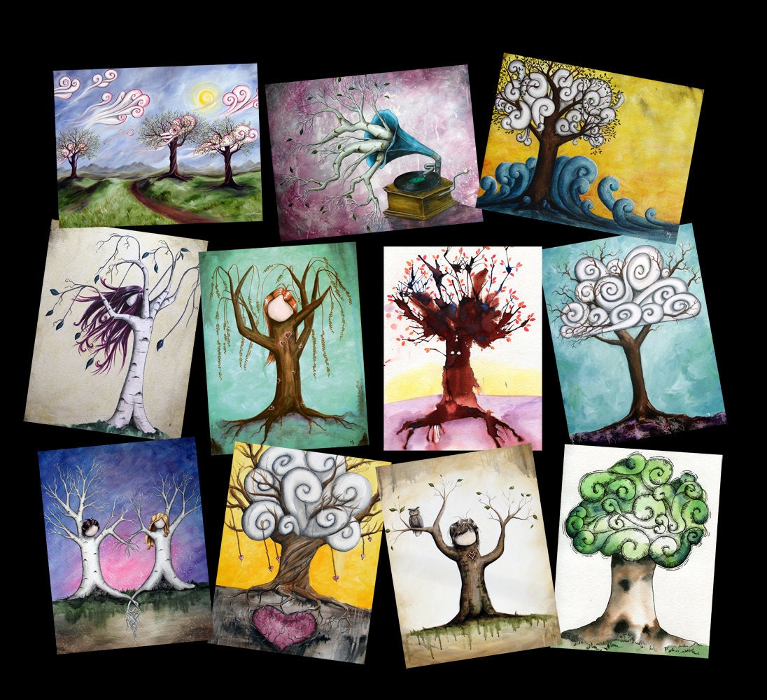 Fanciful Forest Postcard Pack - Featuring 11 tree paintings by Marcia Furman postcards with surreal trees love branches