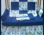 New JOHN DEERE baby Crib Bedding Set with blue Madras plaid fabric