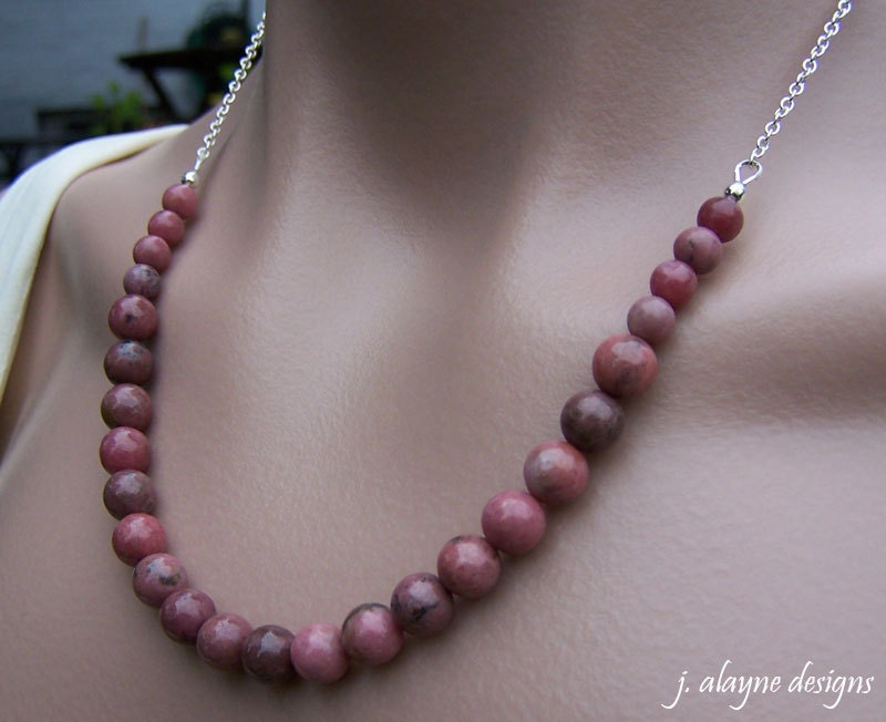 Round Pink Rhodonite and Silver Chain Necklace